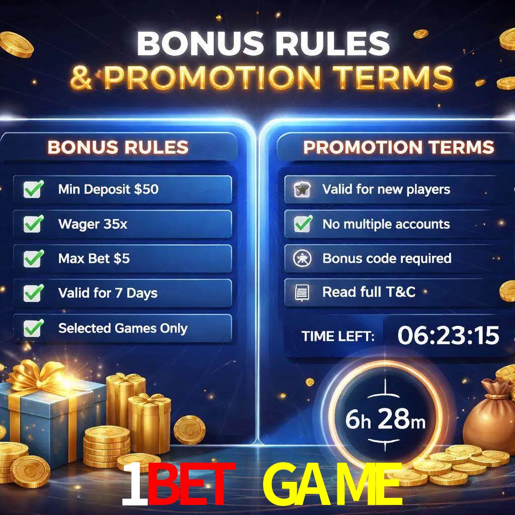 Reglas de promoción 1BET GAME y condiciones de bonos explicadas visualmente