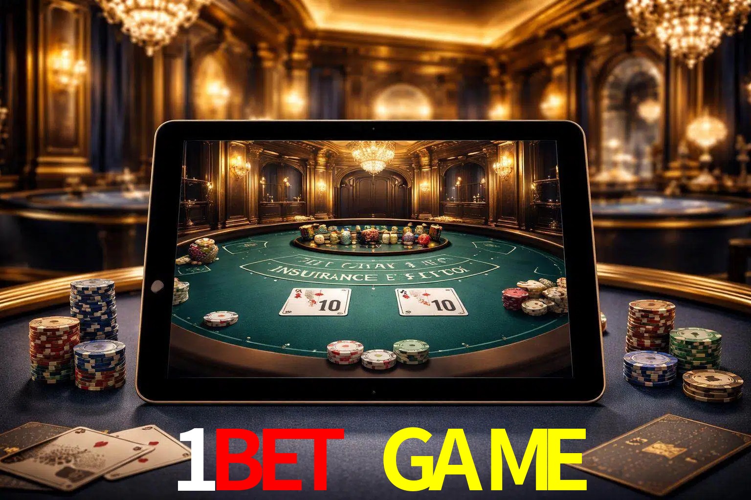 Configuración moderna de casino en vivo con una tableta mostrando una mesa de blackjack, luces cálidas de estudio y una atmósfera elegante de juegos digitales.