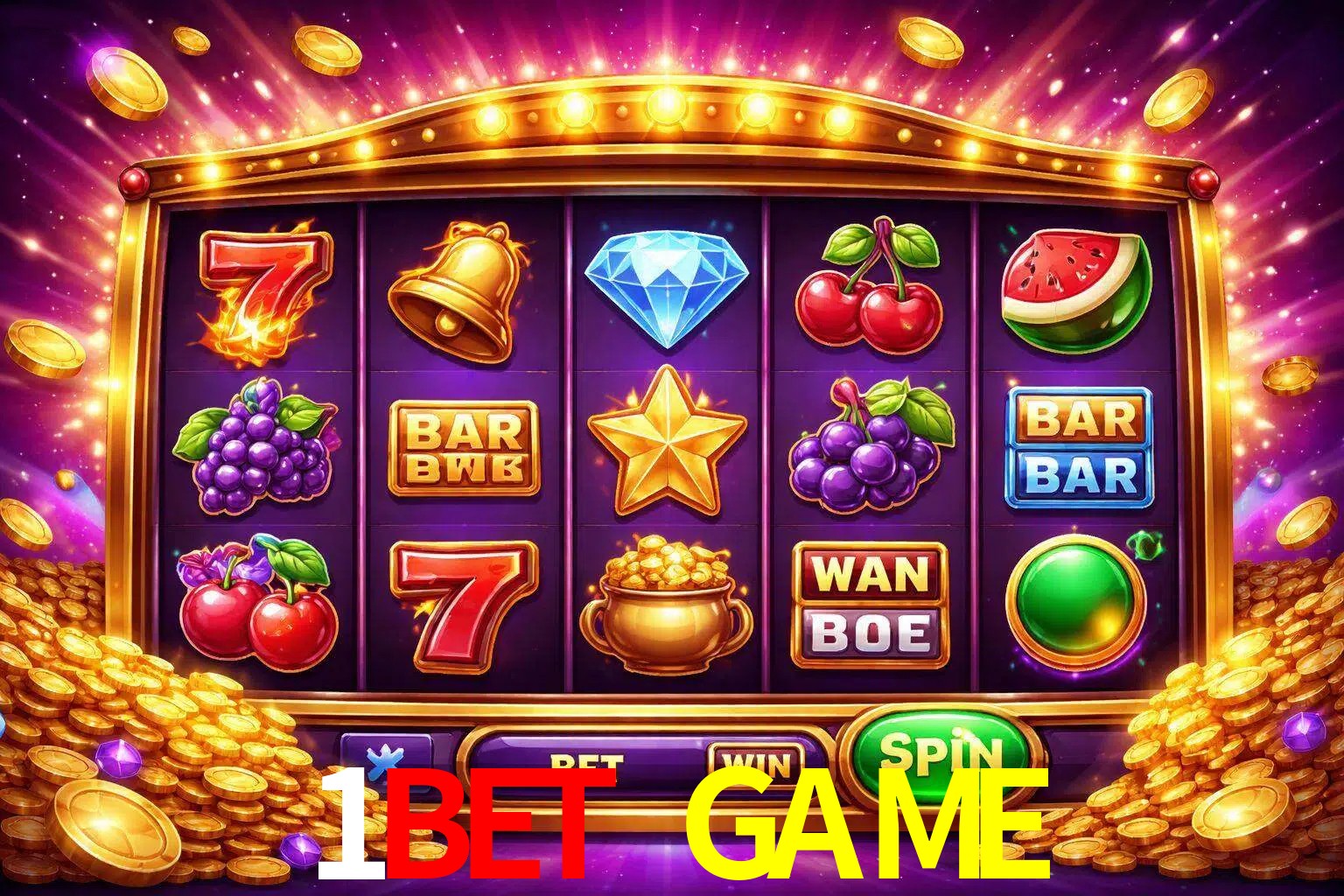 Una interfaz colorida de tragamonedas en línea con símbolos brillantes, monedas y un efecto de victoria celebratoria en 1BET GAME.