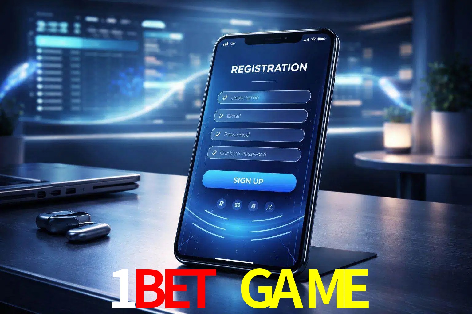 Una interfaz moderna de registro móvil para 1BET GAME mostrada en un smartphone con un panel de apuestas elegante.